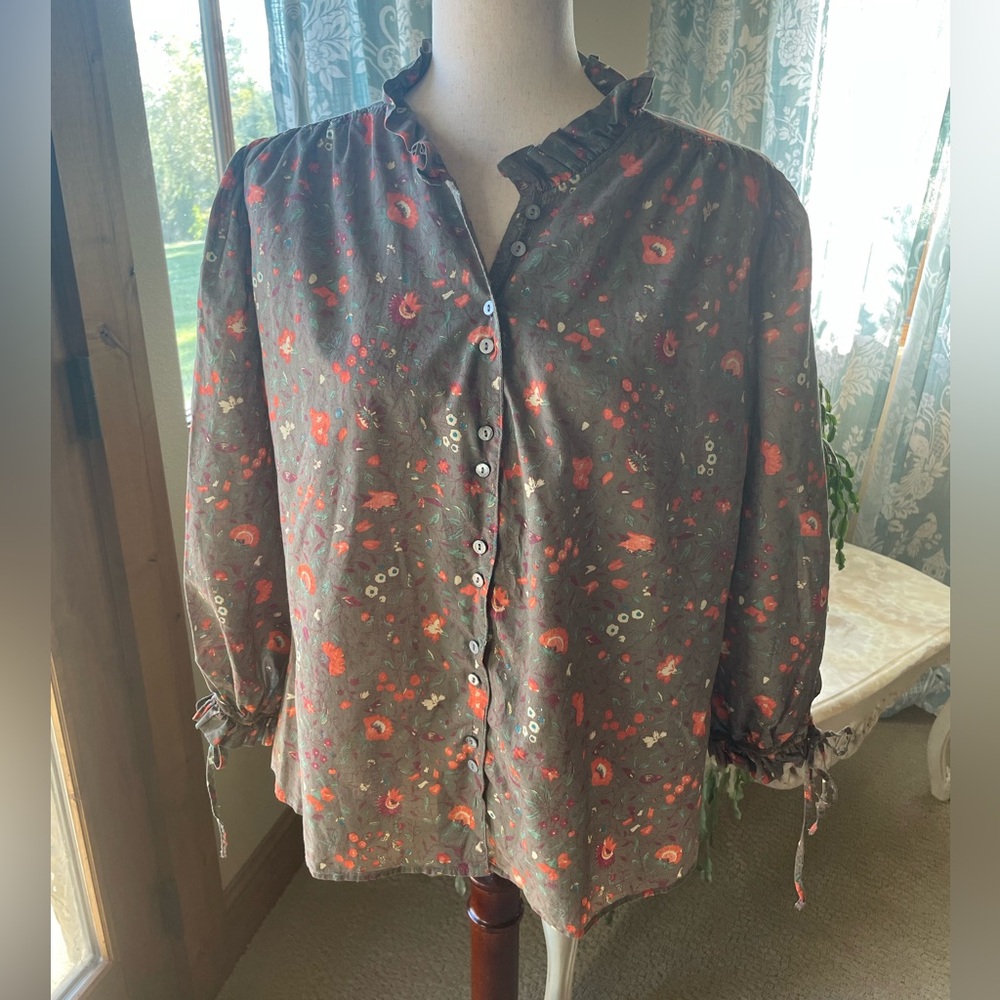 Sundance green floral fall button down peasants blouse
